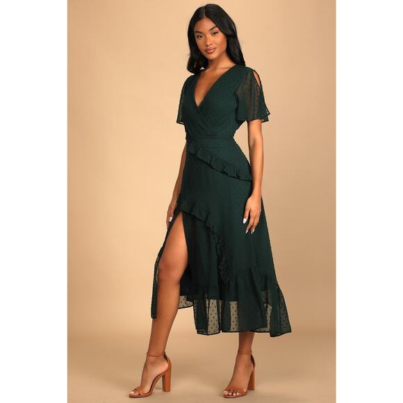Lulu's Next to You Emerald Green Swiss Dot Ruffled Midi Dress XS NWT - Picture 2 of 9